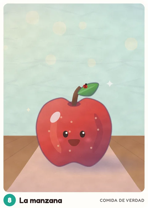 Cromo 8: La manzana. Una manzana roja y brillante, con una carita que se ríe y una mariquita en la hoja.