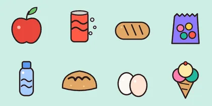 Ocho alimentos dibujados: manzana, refresco, pan, chuches, agua, bollo, huevos y helado.