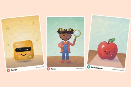 Tres cromos: Terrón, Nora con su lupa y una manzana con carita.