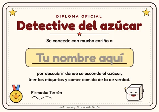 Ejemplo de diploma «Detective del azúcar» con Terrón triunfal.