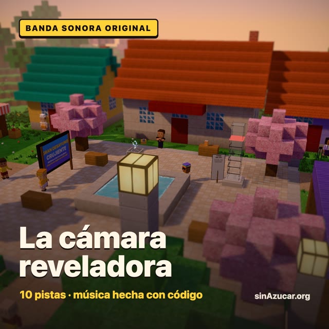 Portada: el barrio de bloques del juego al atardecer, con el título «La cámara reveladora» y «Banda sonora original».