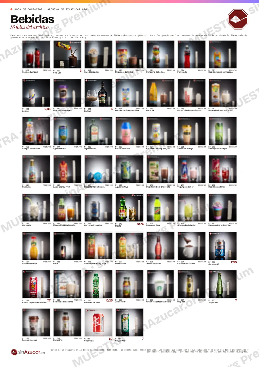 Vista previa, con marca de agua y las fotos reservadas pixeladas, de la hoja de contactos «Bebidas»
