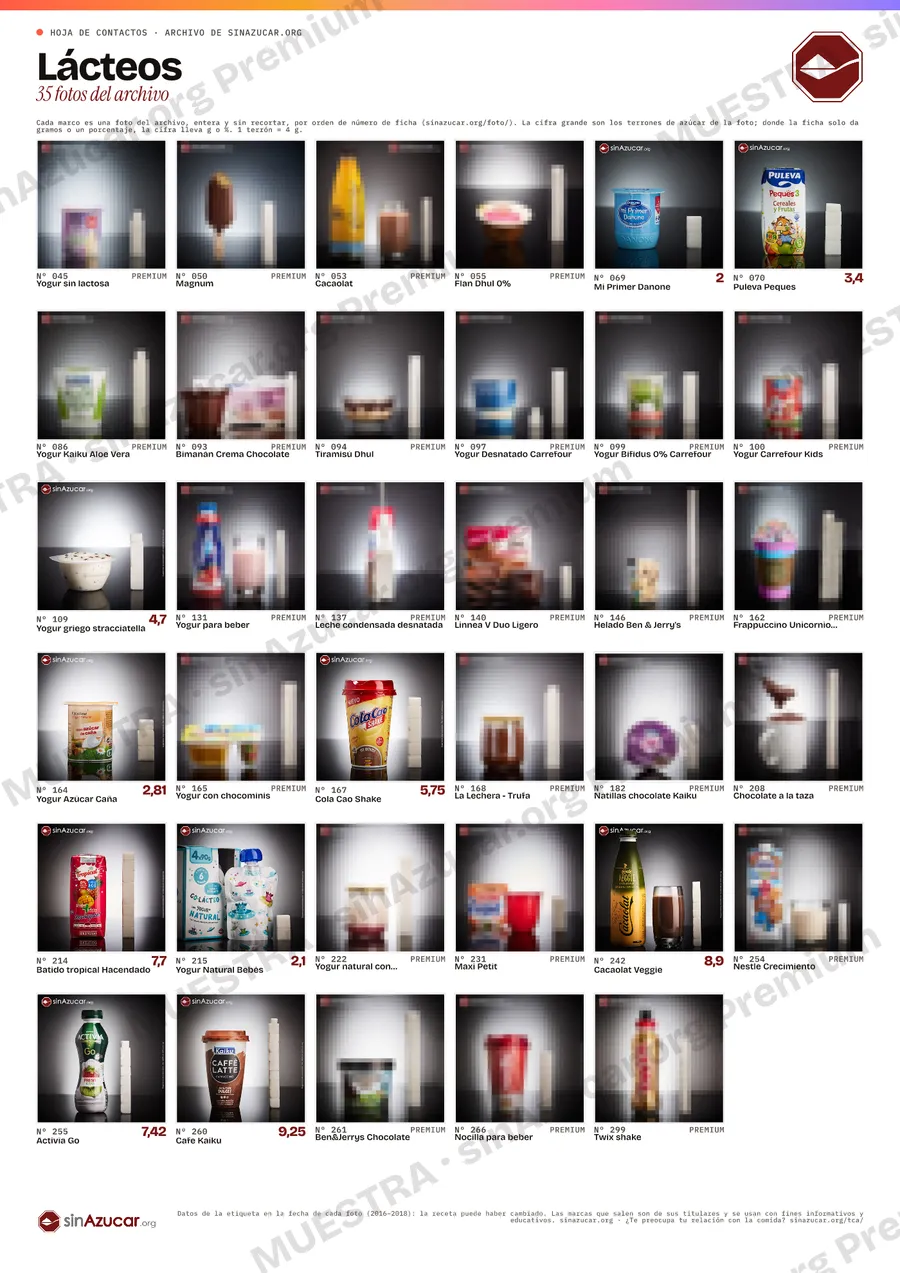 Vista previa, con marca de agua y las fotos reservadas pixeladas, de la hoja de contactos «Lácteos»