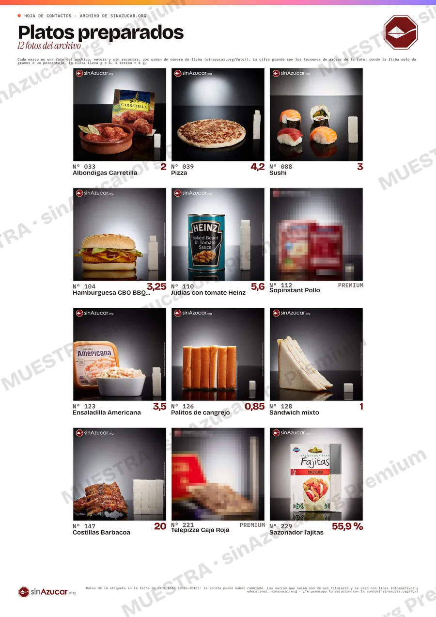 Vista previa, con marca de agua y las fotos reservadas pixeladas, de la hoja de contactos «Platos preparados»