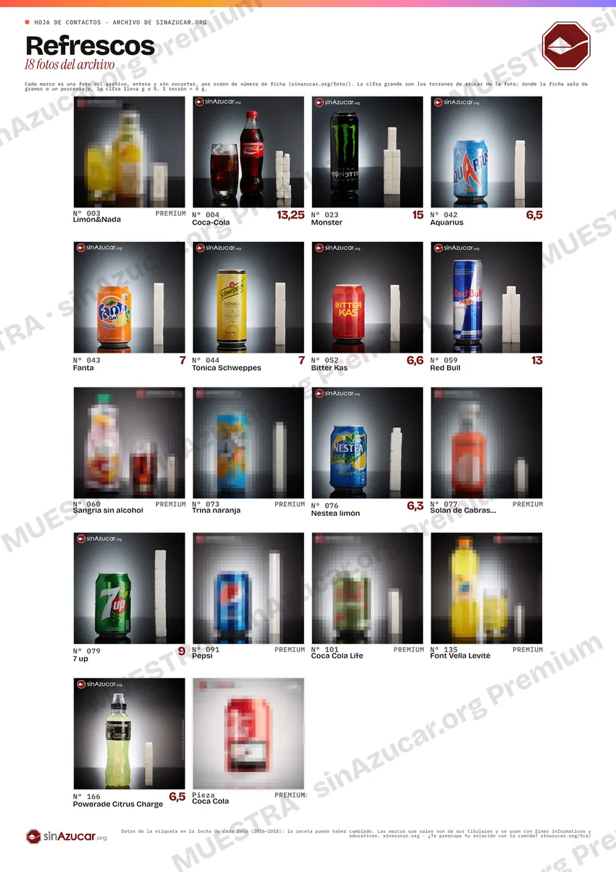 Vista previa, con marca de agua y las fotos reservadas pixeladas, de la hoja de contactos «Refrescos»