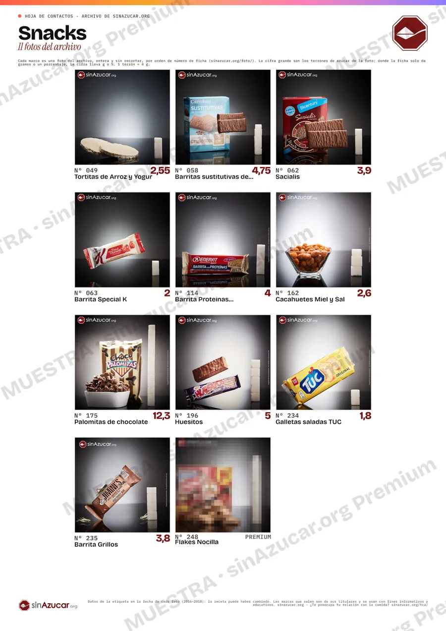 Vista previa, con marca de agua y las fotos reservadas pixeladas, de la hoja de contactos «Snacks»