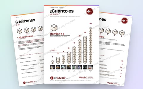 Material para el aula sobre una mesa: el cartel «¿Cuánto es un terrón?», el imprimible «6 terrones al día» y la infografía para la sala de espera.