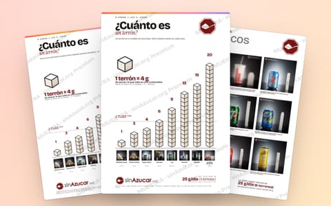 Tres carteles para imprimir sobre una mesa: «¿Cuánto es un terrón?» en sus versiones para el aula y la consulta, y un cartel clásico de refrescos.