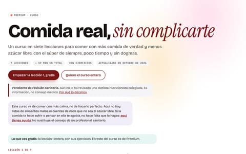El curso «Comida real, sin complicarte»: la cabecera y el arranque de la lección 1, que se lee gratis.