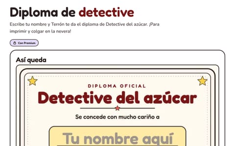 El diploma «Detective del azúcar», con el nombre que se escribe en el navegador.