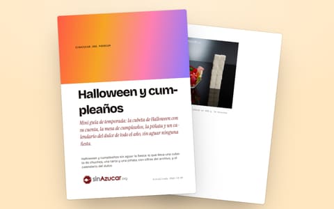 La portada de la guía «Halloween y cumpleaños» y, detrás, una página de su muestra gratuita.