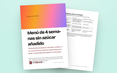 La portada de la guía «Menú de 4 semanas sin azúcar añadido» y, detrás, una página de su muestra gratuita.