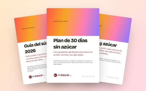 Las portadas de tres guías Premium en abanico: «Plan de 30 días sin azúcar», «Guía del súper 2026» y «Niños y azúcar».