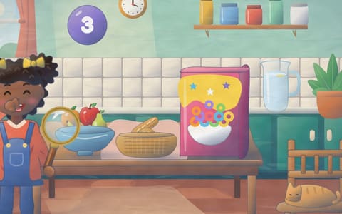 Fotograma del episodio 1 de la serie de Terrón, «¿Dónde se esconde Terrón?»: una niña en la cocina junto a una caja de cereales y un frutero.