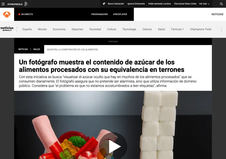 Captura de Antena 3: «Un fotógrafo muestra el contenido de azúcar de los alimentos procesados con su equivalencia en terrones»