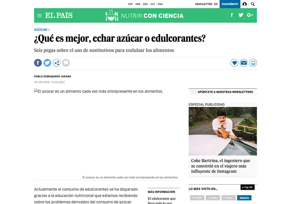 Captura de El País: «¿Qué es mejor, echar azúcar o edulcorantes?»