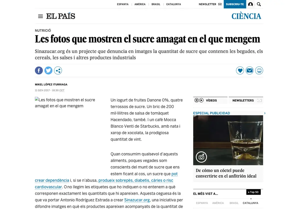 Captura de El País: «Les fotos que mostren el sucre amagat en el que mengem»