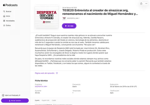Captura de Despierta UMH (podcast; UMH = Universidad Miguel Hernández, inferido del título)