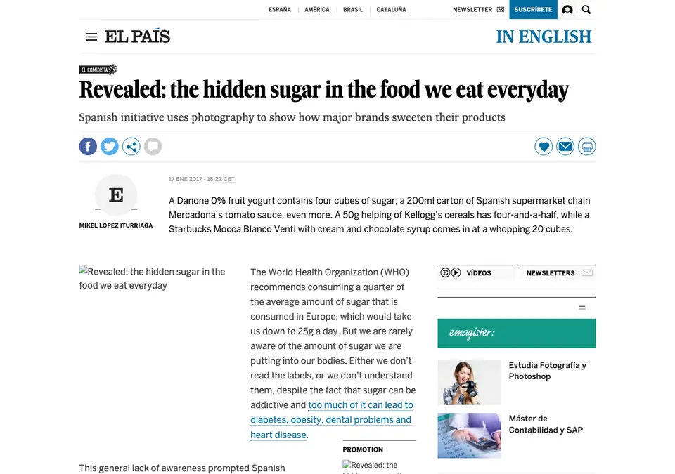 Captura de El País: «Revealed: the hidden sugar in the food we eat everyday»
