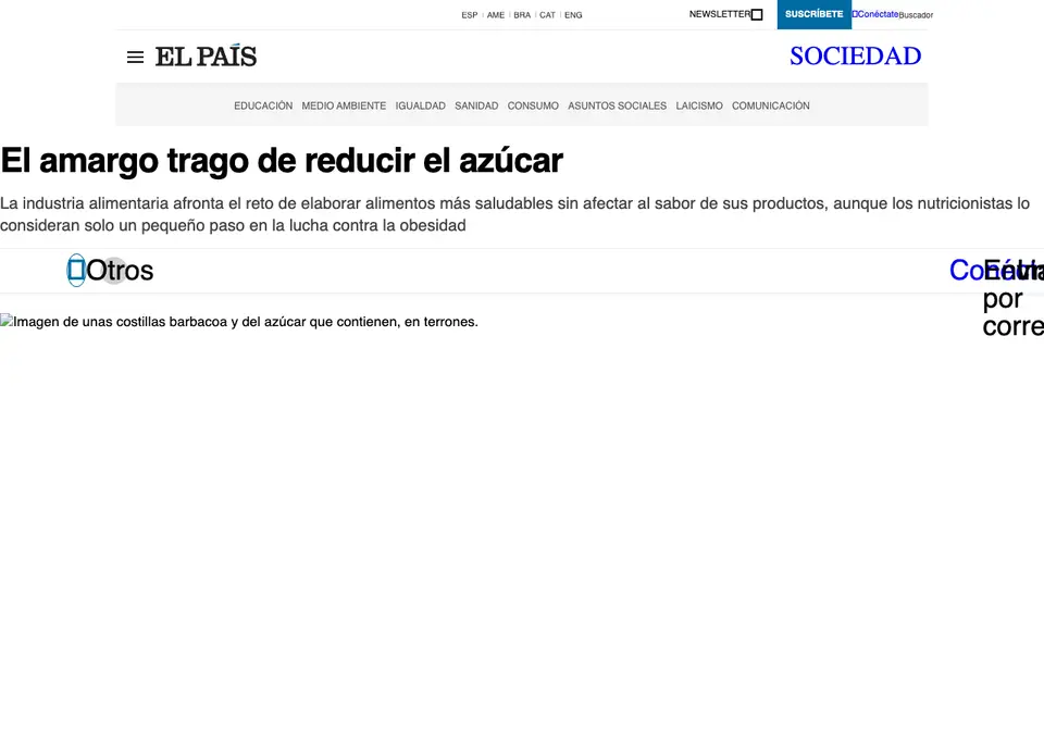 Captura de El País (Sociedad): «El amargo trago de reducir el azúcar»