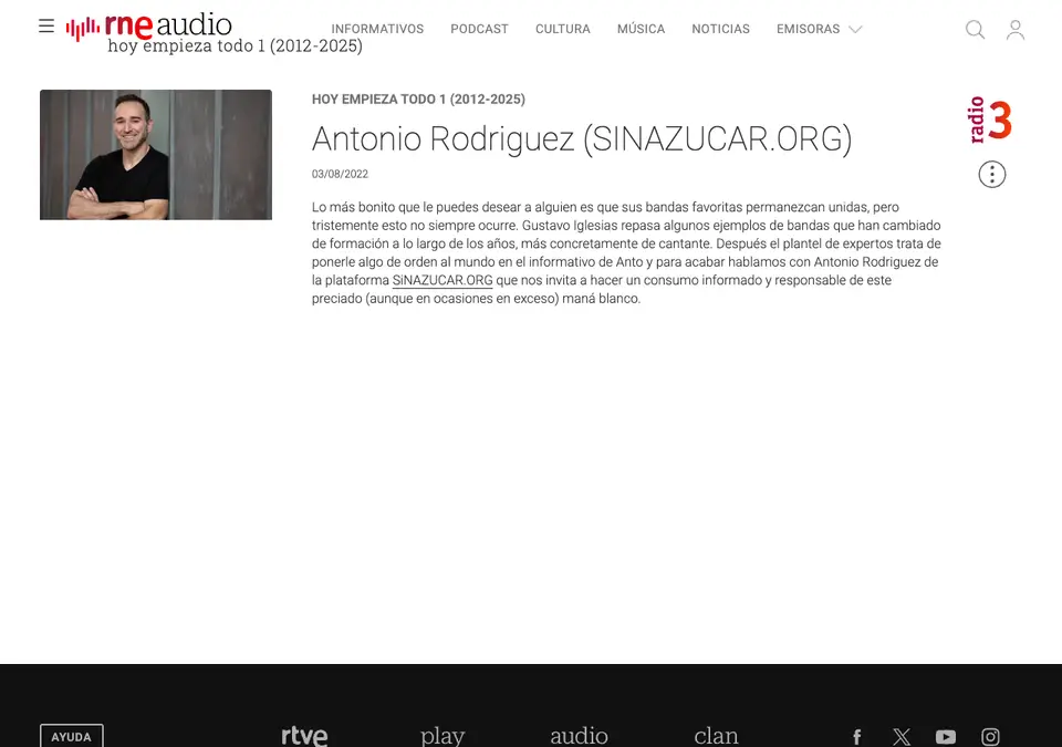 Captura de RNE – Radio 3 (Hoy empieza todo): «Hoy empieza todo: Antonio Rodriguez (SINAZUCAR.ORG)»