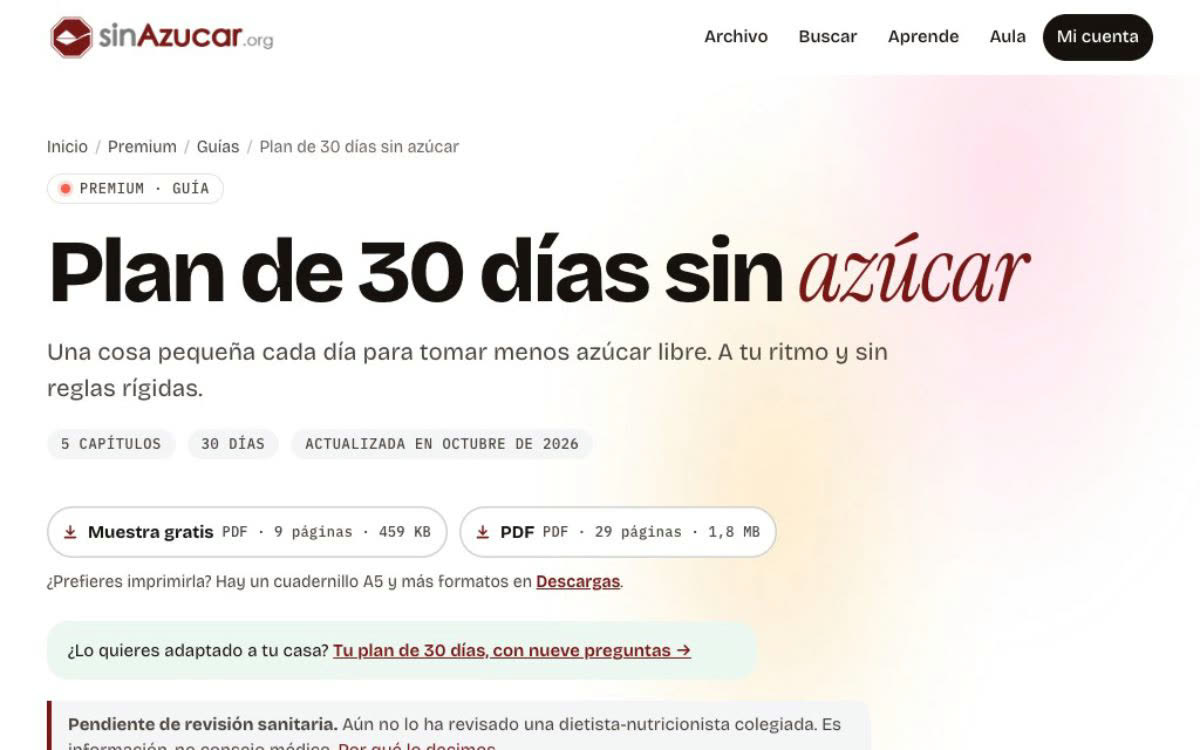 El lector de la guía «Plan de 30 días sin azúcar»: el índice de capítulos y el texto del capítulo 1, con su barra de progreso.