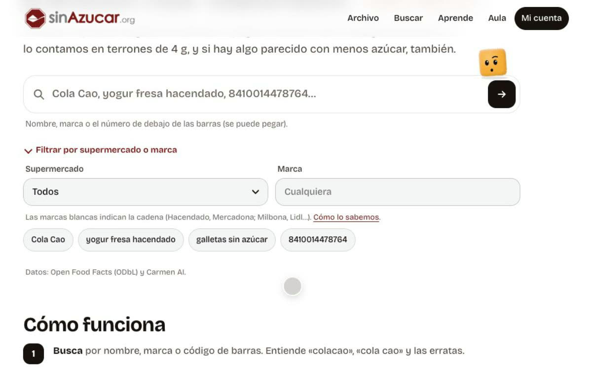 El buscador de productos: se escribe «yogur de fresa» y aparecen los resultados con sus terrones de azúcar.