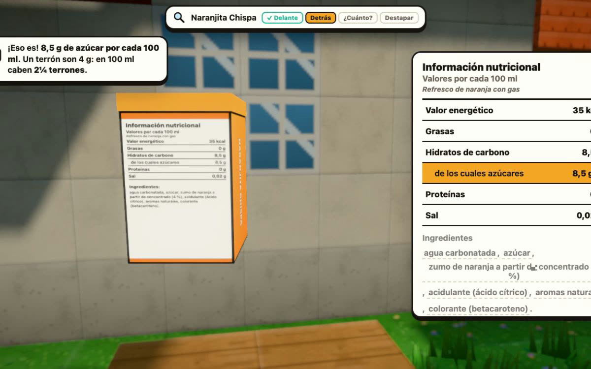 Escena del juego «La cámara reveladora»: se lee la etiqueta de un refresco, se pulsa «¡Destapar!» y salen volando sus terrones.