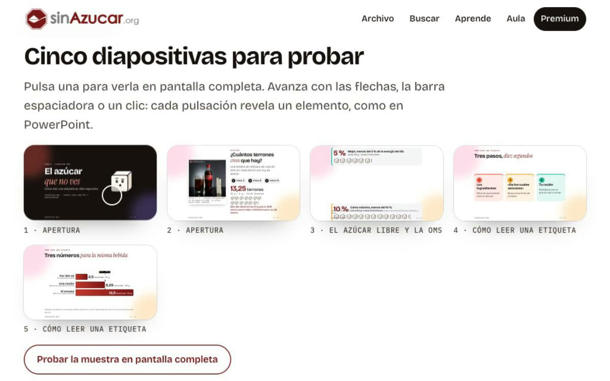 La presentación «El azúcar que no ves» se abre a pantalla completa y avanza diapositiva a diapositiva: la portada y «¿Cuántos terrones crees que hay?».