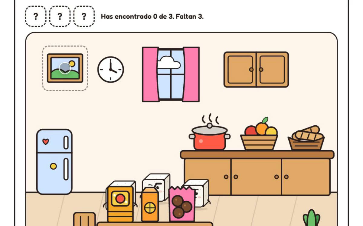 El juego «Encuentra a Terrón»: una cocina ilustrada en la que se tocan los objetos para mirar detrás y buscar a Terrón.