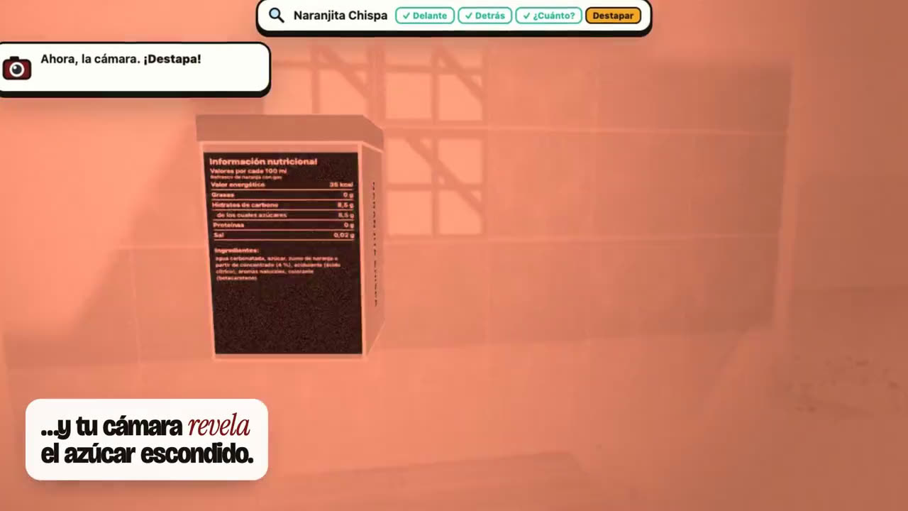 Escena del juego: la cámara destapa una lata y salen volando sus terrones